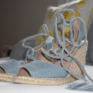 Wicker and Denim Wedges